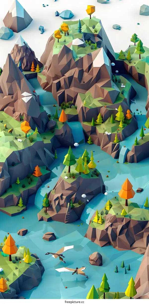Low Poly Mountain Landscape with Birds