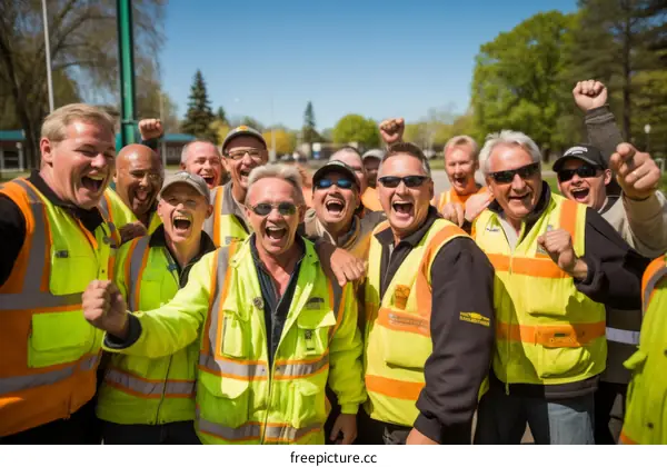 A group of construction workers celebrate the completion of a road project