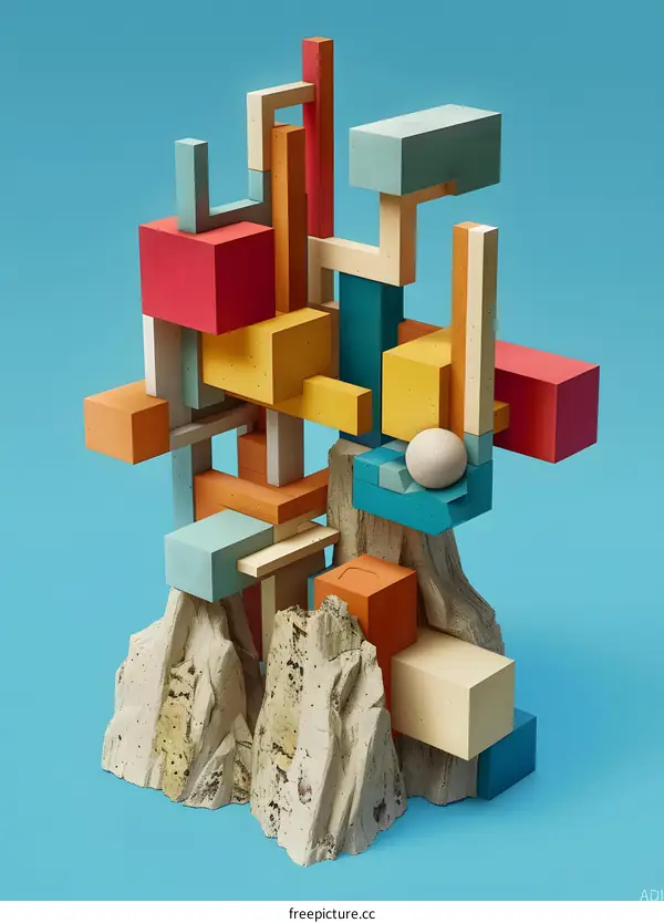 Abstract Colorful Geometric Shapes on a Blue Background