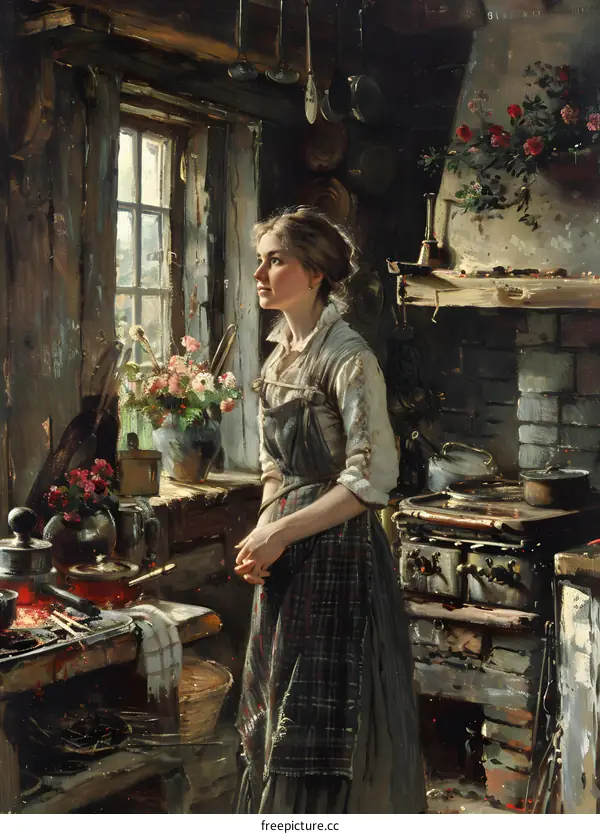 A Woman Standing in a Kitchen Looking Out the Window