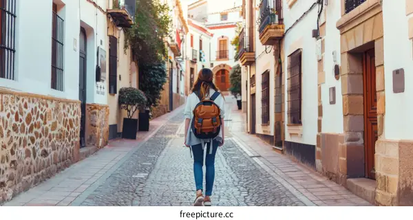 Young woman walking down a narrow street in a Spanish town