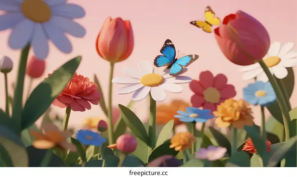 Vibrant Spring Garden with Colorful Flowers and Fluttering Butterflies