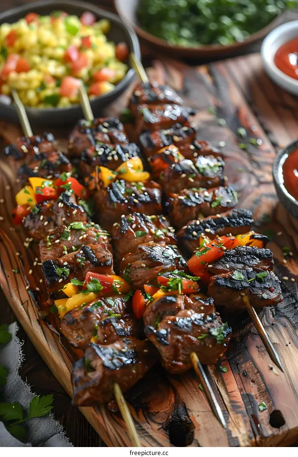 Beef and bell pepper skewers with tomato salad