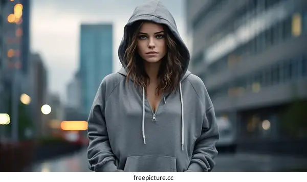 Portrait of a young woman in a gray hoodie looking at the camera with a serious expression