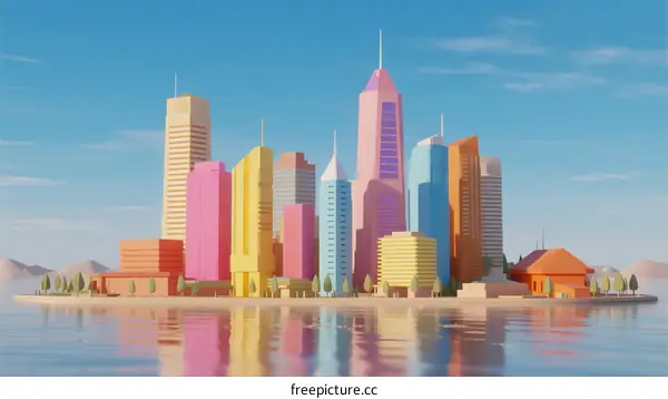 Colorful Modern Cityscape with Skyscrapers by Water