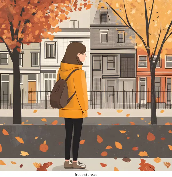Autumn in the City, Girl with Backpack Walking on a Sidewalk with Fallen Leaves