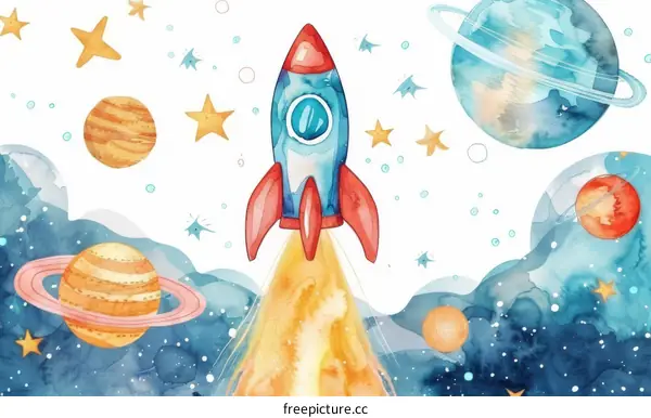 Watercolor Rocket Launch into Space