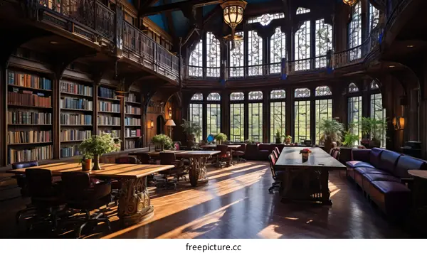 Ornate Wood-Paneled Library Interior with Stained Glass Windows