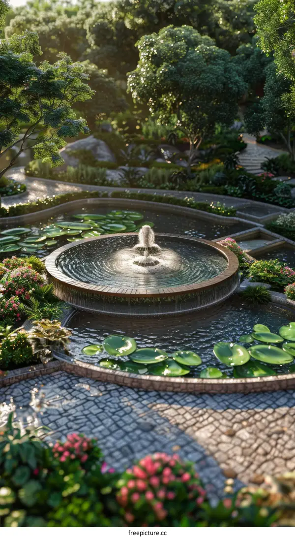 A Beautiful Garden Scene with Fountain