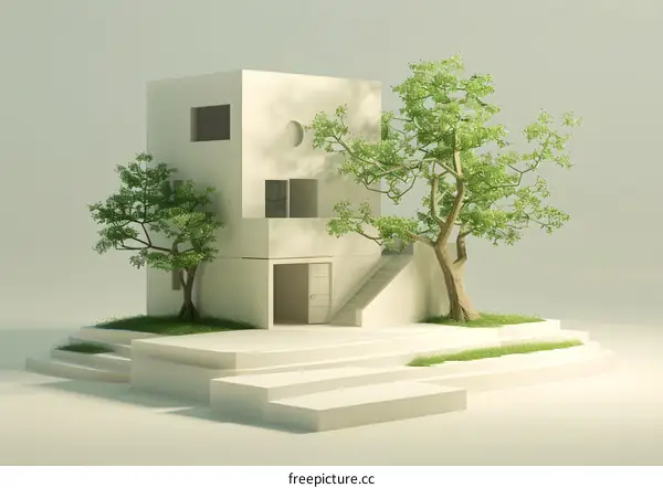 Minimalist House with Green Trees and Steps