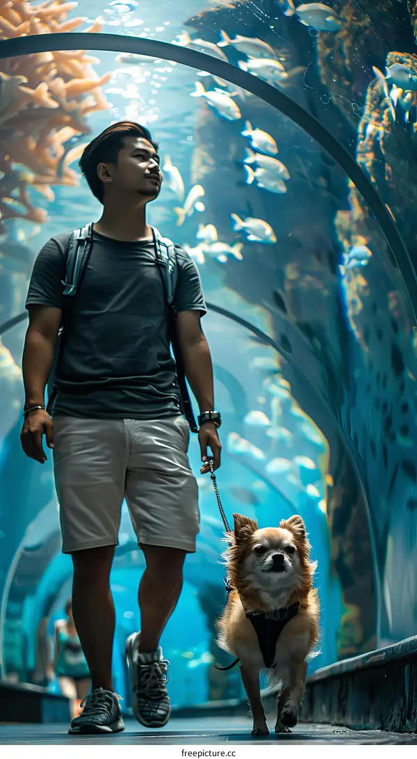 A man and his small dog walk through an underwater tunnel at an aquarium