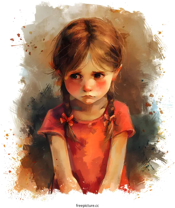 Sad Little Girl in Red Dress Illustration