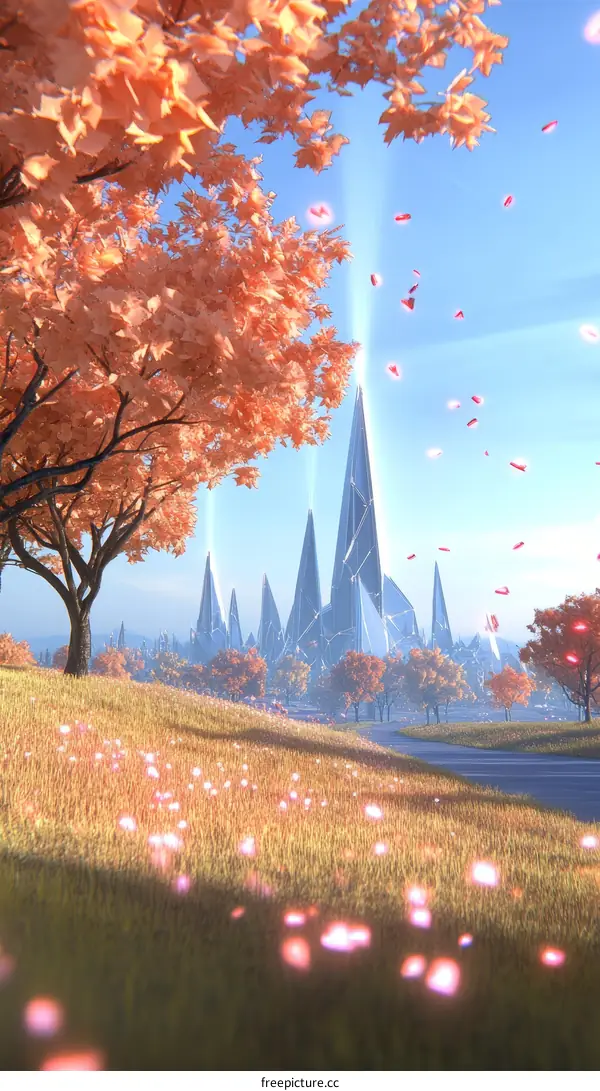 Futuristic Cityscape with Autumn Trees and Falling Petals