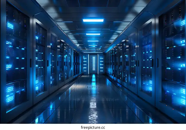 Futuristic technology server room with blue lights illuminating the aisle