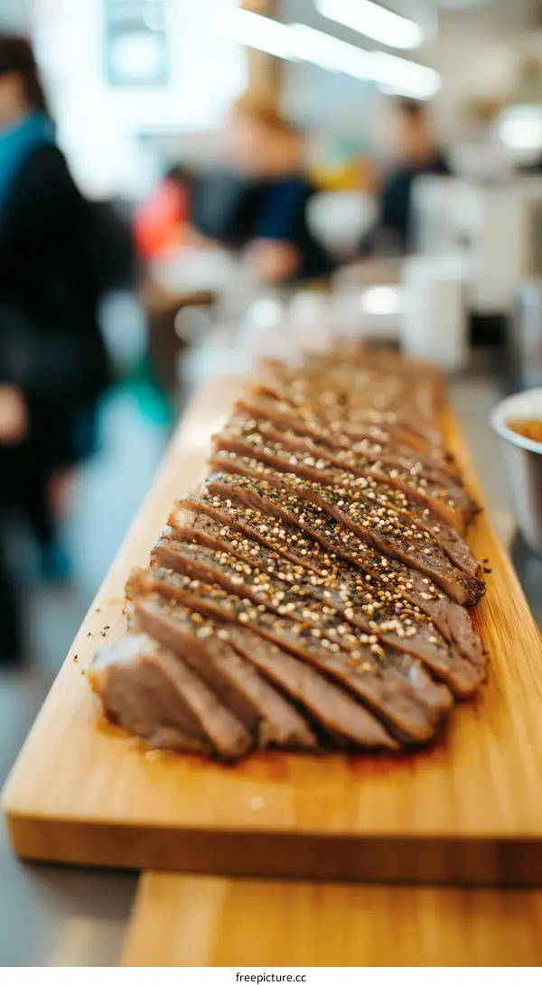 Sliced Grilled Meat with Spices on Wooden Board