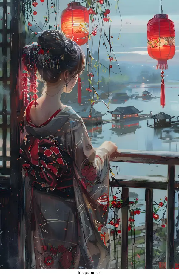 A woman in a kimono is standing on a balcony overlooking a lake.