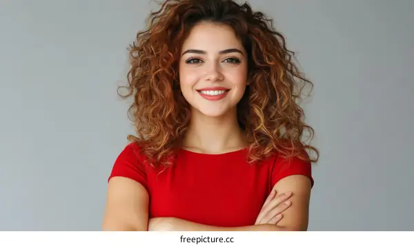 Smiling Woman in Red Dress Against Gray Background
