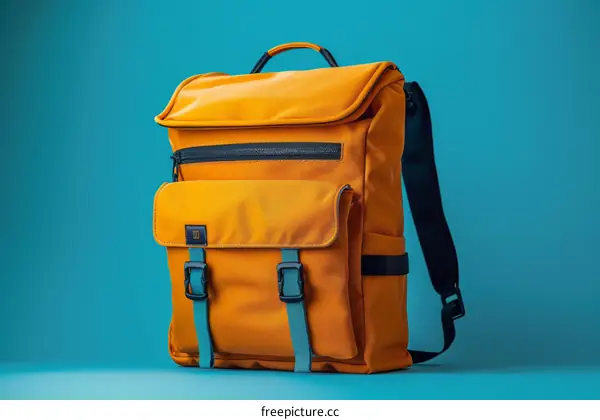 A stylish orange backpack against a blue background