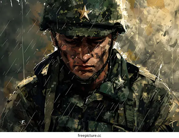 A soldier with a red star on his helmet is standing in the rain.