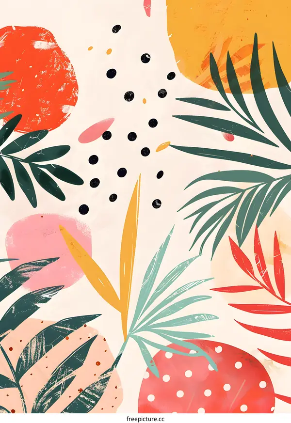 Abstract Tropical Leaves and Colorful Shapes