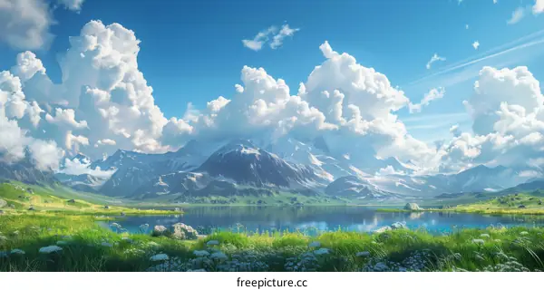 Peaceful Mountain Lake Landscape With Clouds