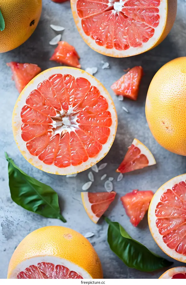 Fresh Grapefruit Slices On A Grey Background