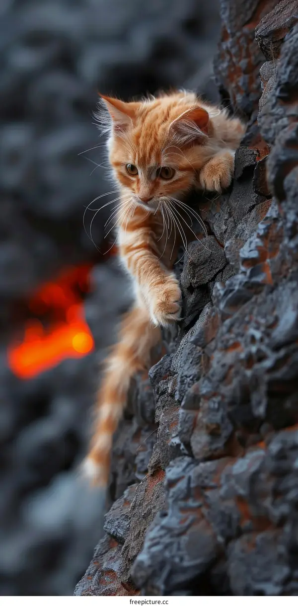 Orange Kitten Climbing on a Rock with Lava in the Background