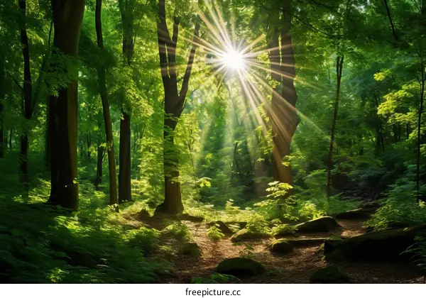The sun shines through the forest