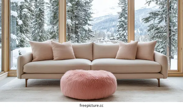 Modern Beige Sofa with Pink Accent Pillows and Rug