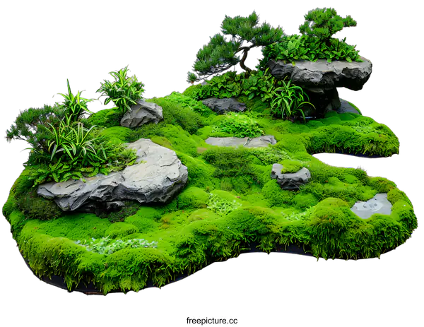[Transparent Background PNG]Green Moss and Stones Landscape Isolated On White Background