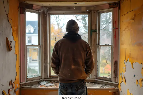 Man Looking Out Window of Abandoned House