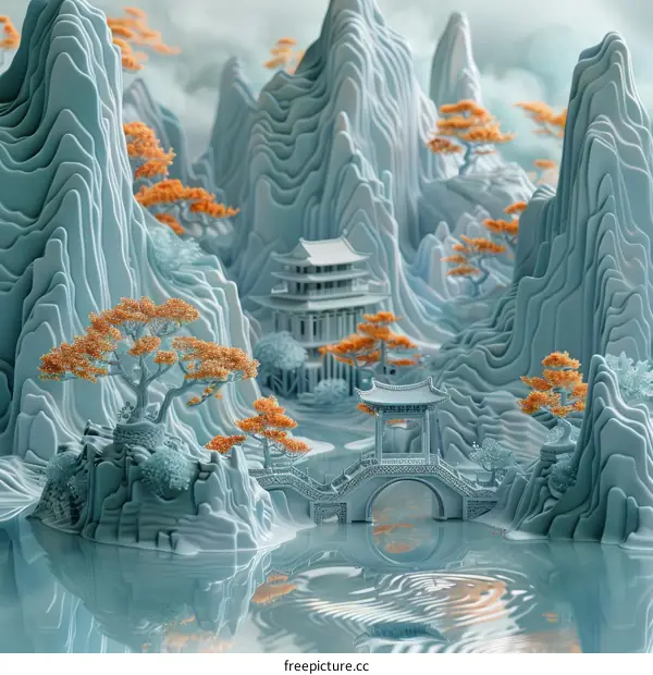 Serene Chinese Landscape Painting of Blue Mountains and Pavilions