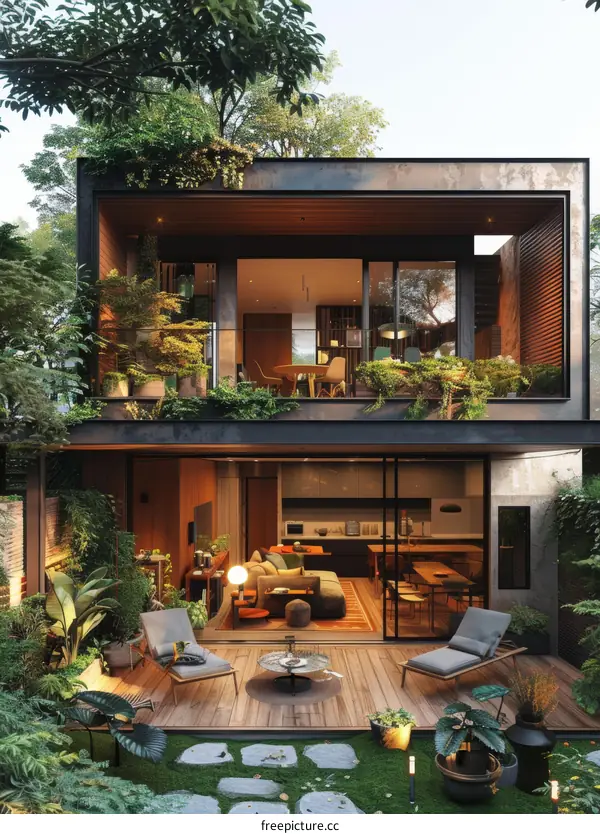Modern Wooden House with Lush Garden