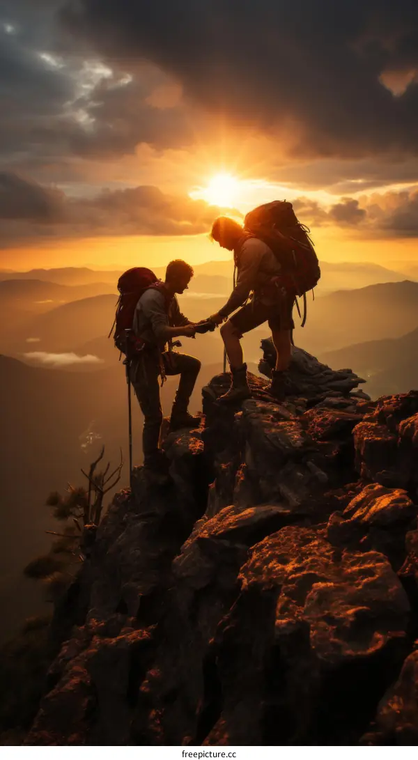 Two men hiking on a mountaintop at sunset