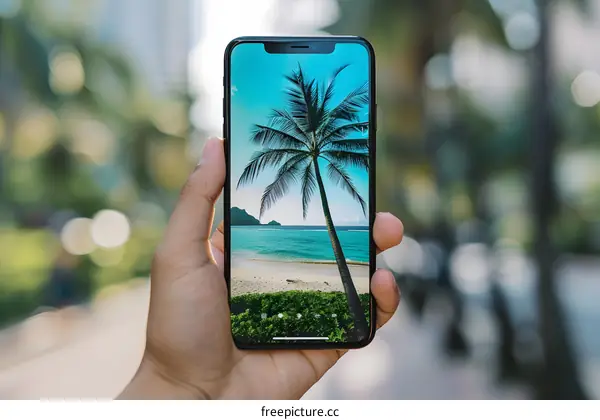 Hand Holding Phone With Palm Tree Beach Image