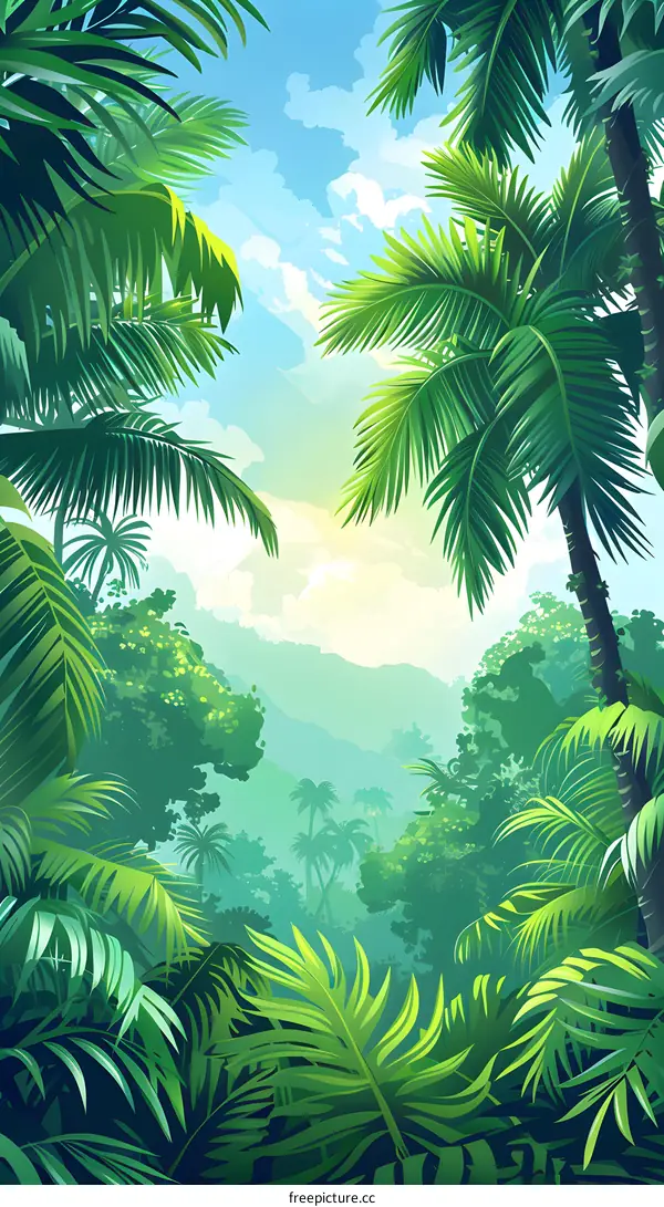 Green leaves of tropical palm trees in the jungle