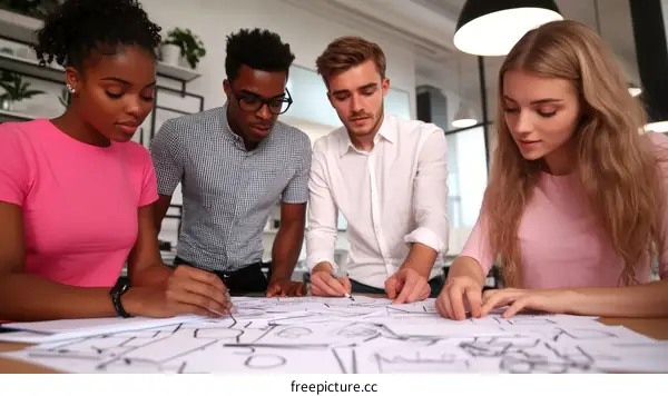 Team of diverse colleagues working on design plans