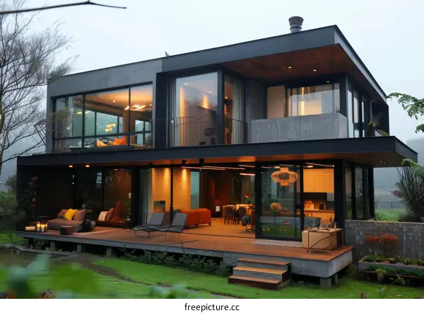 Modern Two-Story House with Large Glass Windows and Terrace