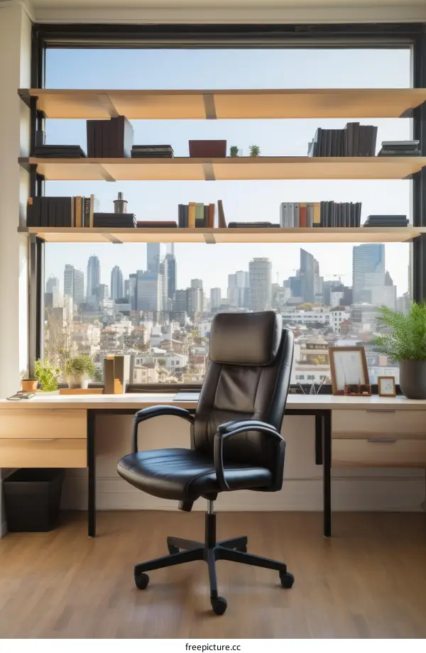 A modern home office with a large window overlooking the city
