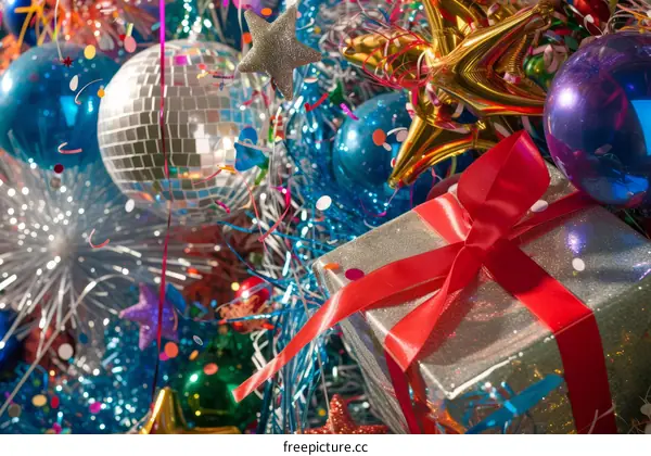 A gift wrapped in silver paper with a red ribbon and a large bow sits in front of a colorful background of blue, green, and purple ornaments, tinsel, stars, and confetti.