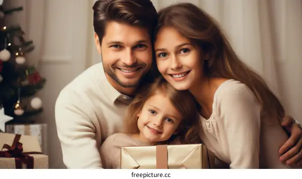 Family of three opening presents on Christmas morning