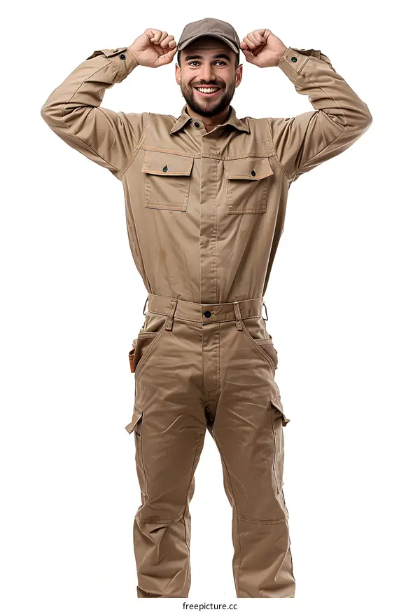 Cheerful repairman in beige uniform
