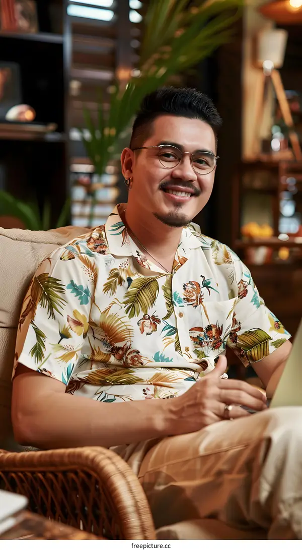 Smiling Man In Floral Shirt Sitting On A Chair