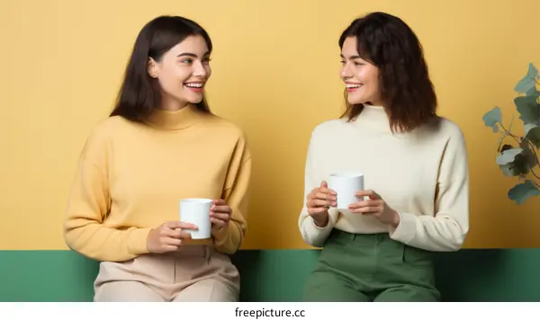 Two young women are drinking coffee and talking happily