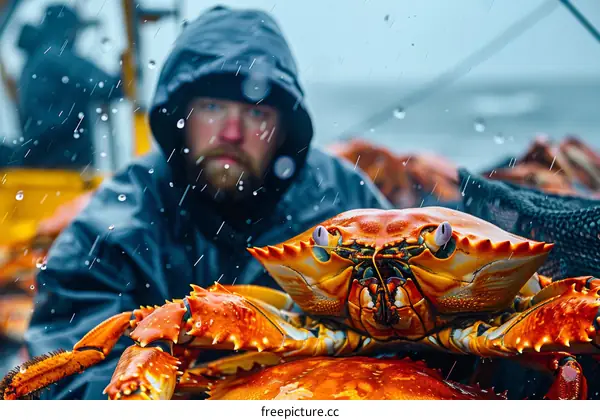 A fisherman holds a crab in his hands