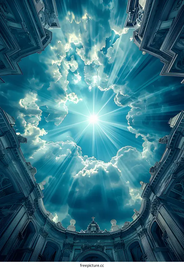 Sun Rays Through Clouds Over Building