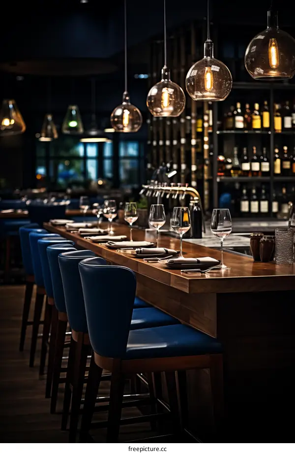 Blue bar stools line up at a wooden bar counter with wine glasses on it in a restaurant with dim lighting