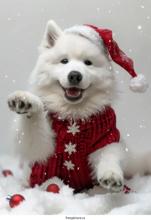 Cute Samoyed dog in red sweater and Santa hat surrounded by Christmas snowflakes