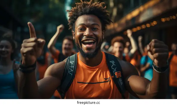 A group of people are running a race in a city.