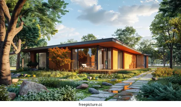 Modern wooden house with large glass windows surrounded by trees and a stone path